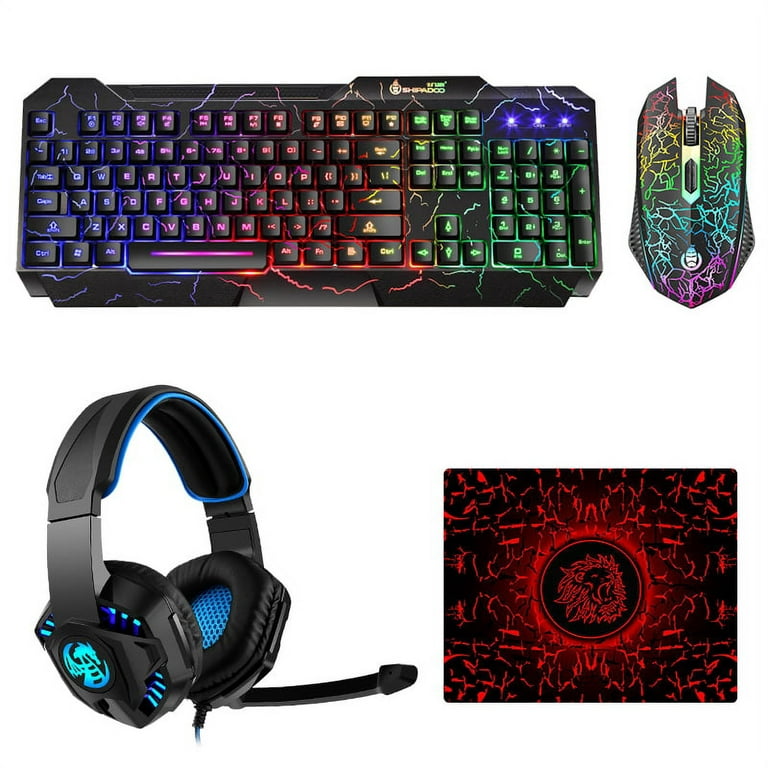 4 in 1 Gaming Keyboard and Mouse and Mouse pad and Gaming Headset, Wired  LED RGB Backlight Bundle for PC Gamers and Xbox and for PS4 Users Birthday