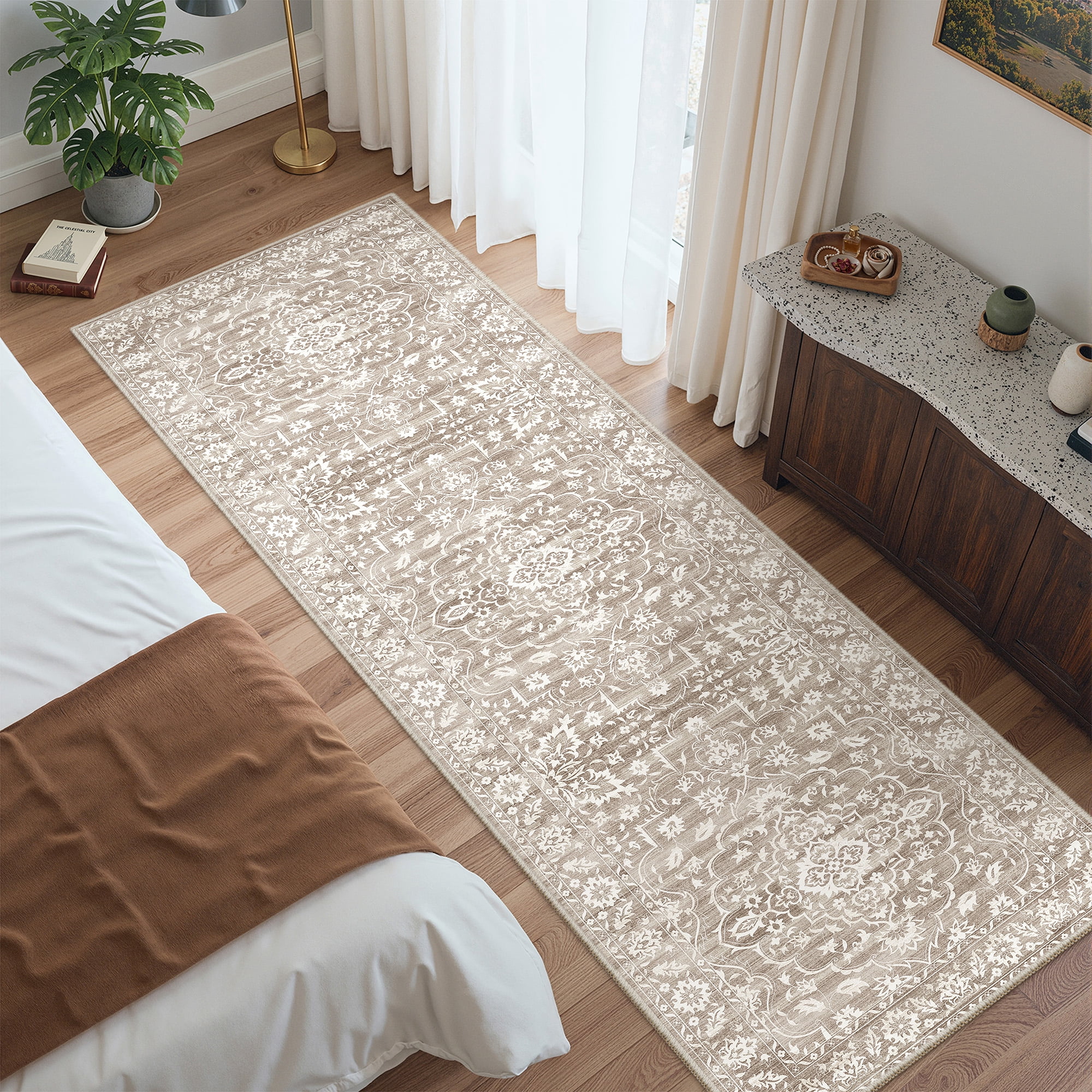 Roxstand Washable Runner Rug 2'6x8, Stain Resistant Floral Vintange Kitchen Rugs, Non-Slip Thin Hallway Runner Rug for Entryway Laundry(2'6x8', Brown)