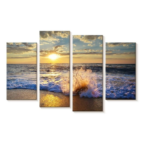 Elephant Stock Sunset Over Beach Wall Art - Horizontal Multi Panel Canvas - Living Room Wall Decor - Beach Multi Panel - Blue And Brown Decor - 24" x 14"