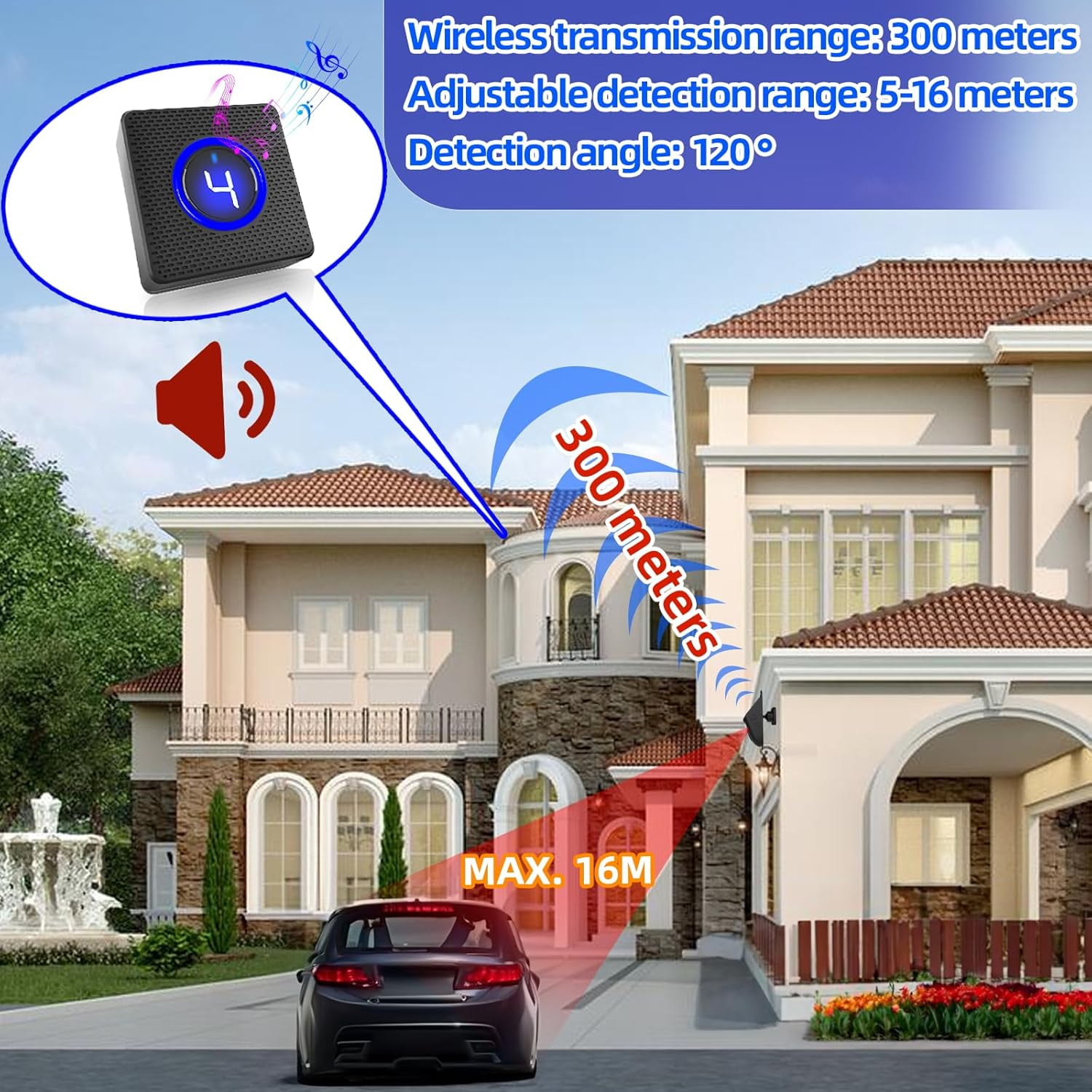 Black Wireless Driveway Alarm,700 ft Distance Outdoor Weather Resistant Motion Sensor Detector,Security Alert System-Monitor Protect Outdoor/Indoor Property(1 Receiver 1 Sensor)