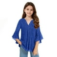 thumbnail image 2 of Ashirexll Shirts for Girls, Summer Tops, Girls Solid Color Mesh Sparkle 3/4 Sleeve V-Neck Party Top with Gold Foil, 2 of 7