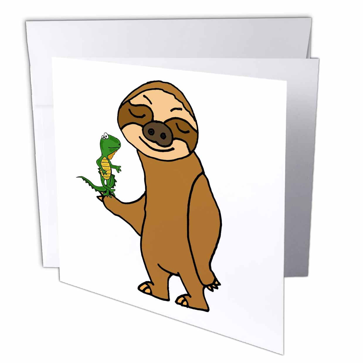 3dRose Funny Cute Sloth Holding Iguana Cartoon - Greeting Card, 6 by 6-inch