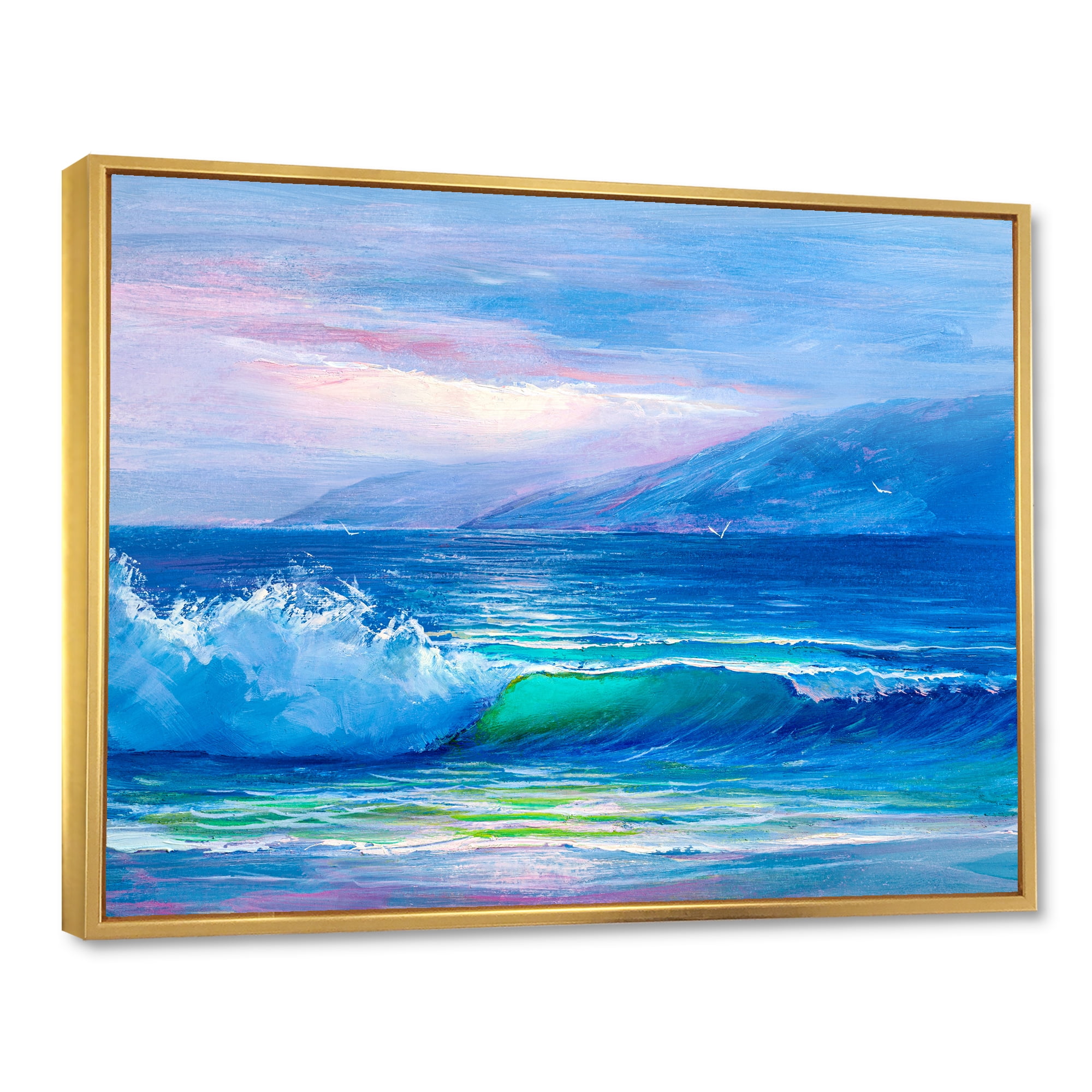 Designart 'Blue Waves Breaking At The Beach Landscape II' Nautical & Coastal Framed Canvas Wall Art Print