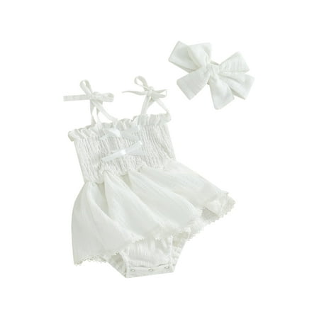 

FEORJGP Infant Baby Girl Summer Outfits Newborn Sleeveless Slip Jumpsuit Bow Front Smocked Romper Dress with Headband Set Toddlers 2Pcs Cute Casual Clothes