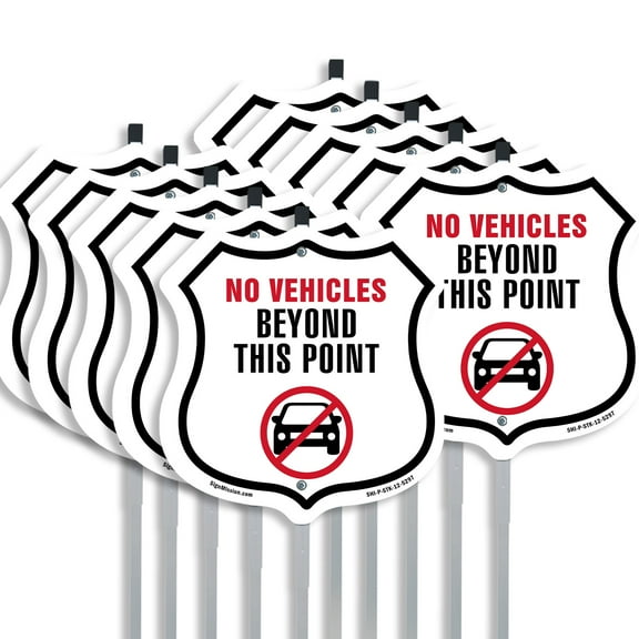 No Vehicles Beyond This Point (10 Pack) 12 inch X 12 inch Shield Shaped Rust-Free Aluminum Metal Signs with Aluminum Mounting Stakes Weather Resistant Made in the USA