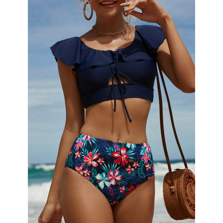 Women Ruffle High Waist Swimsuit Two Pieces Push Up, 43% OFF