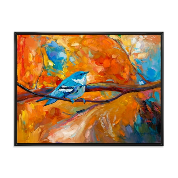 Blue Cerulean Warbler Bird Sitting On A Branch 20 in x 12 in Framed Painting Canvas Art Print, by Designart