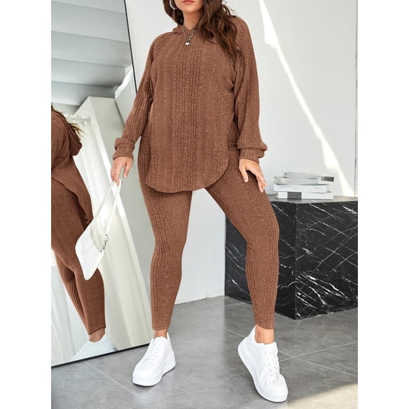Plus Size Women 2 Piece Outfit, Ribbed Knit Hooded Long Sleeve Top and High Waist Leggings Set