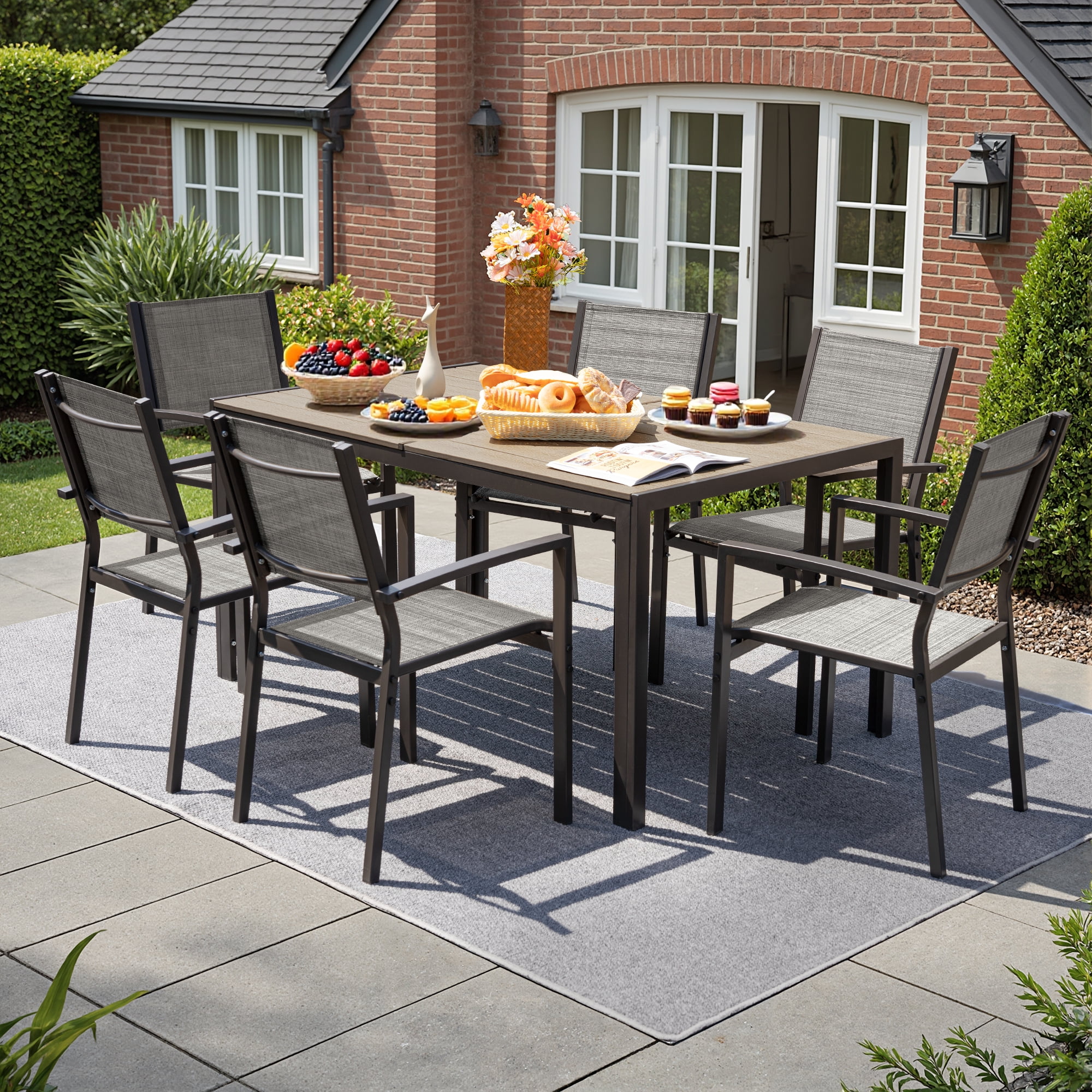 Devoko 7 Pieces  Outdoor Dining Set ,Patio Conversation Set Outdoor Furniture Set 6 Stackable Textilene Armchairs with Rectangular Table, Light Gray