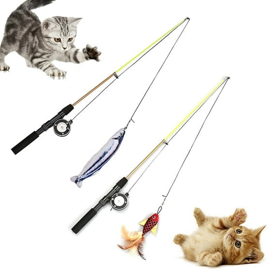 LQCrafK Cat Fishing Pole Toy, Retractable wand cat toy with Reel, Cat Fishing Rod & Feather Toy, Interactive Cat Teaser Wand Toy for Indoor Cats