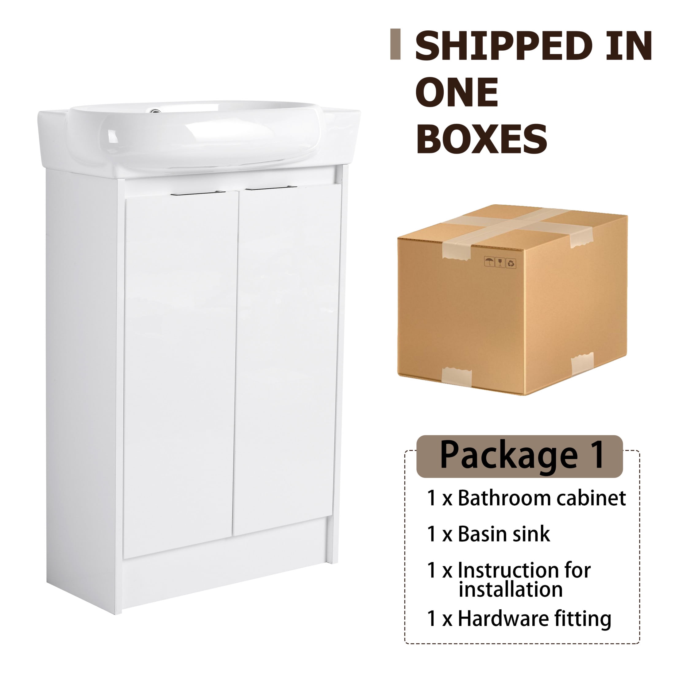 Noble House 23" Freestanding Bathroom Vanity with Sink, Soft Close Doors, Modern Storage Cabinet for Small Bathroom or Powder Room, Glossy White