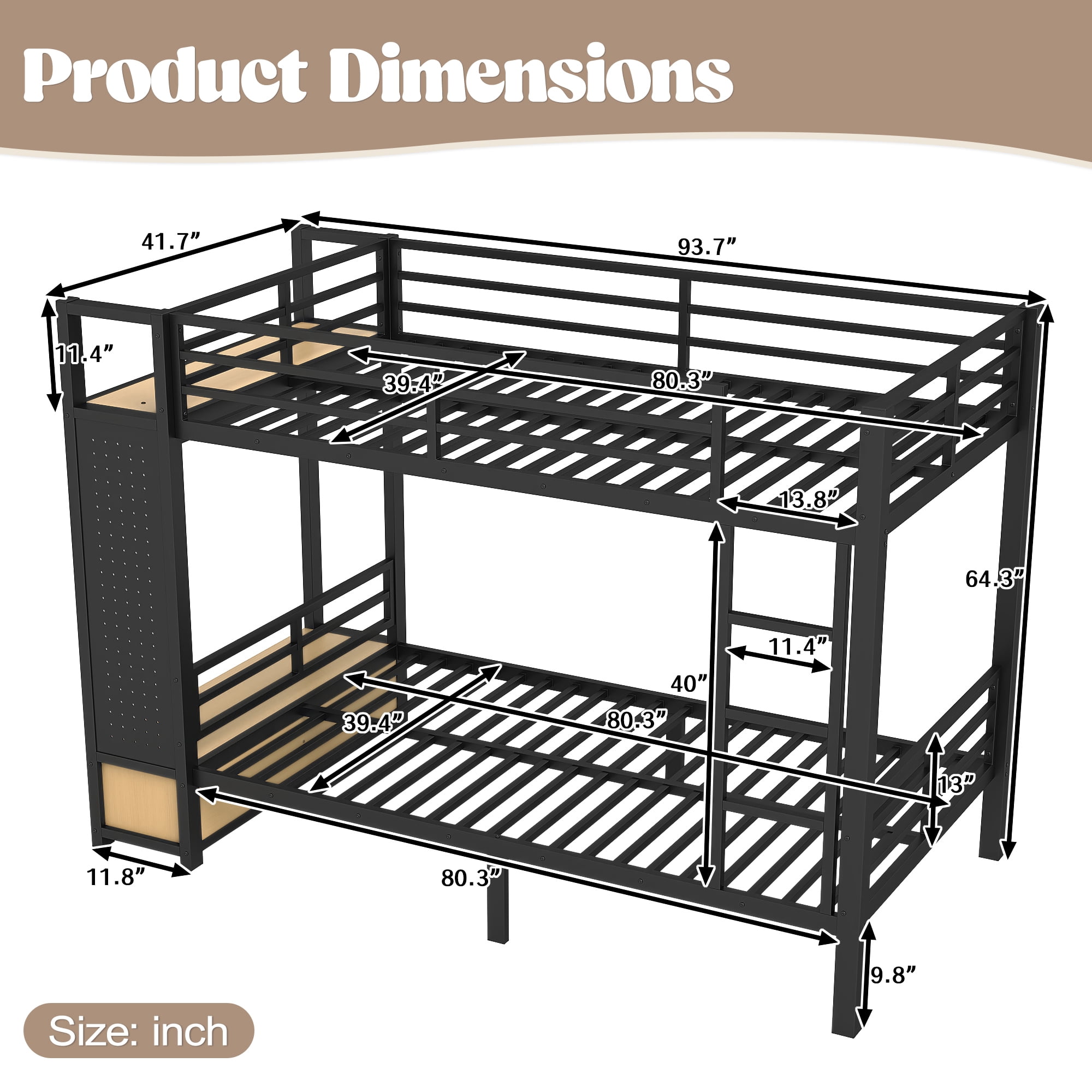 Leumius Twin XL over Twin XL Metal Bunk Bed with Built-in Wardrobe,Heavy Duty Loft Bed Frame with Storage Shelves,Drawers and Pegboard,Space-Saving,Black