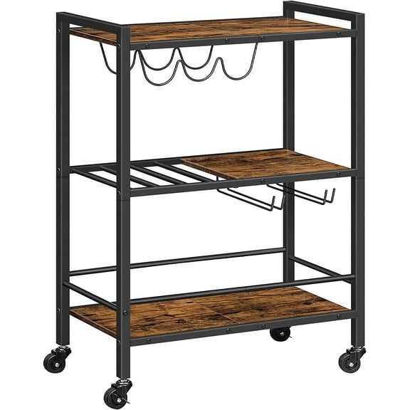 HOOBRO Bar Cart 3-Tier Coffee Cart with Wheels Kitchen Cart Wine Rack Living Room Party Bar Rustic Brown and Black BF35TC01G1