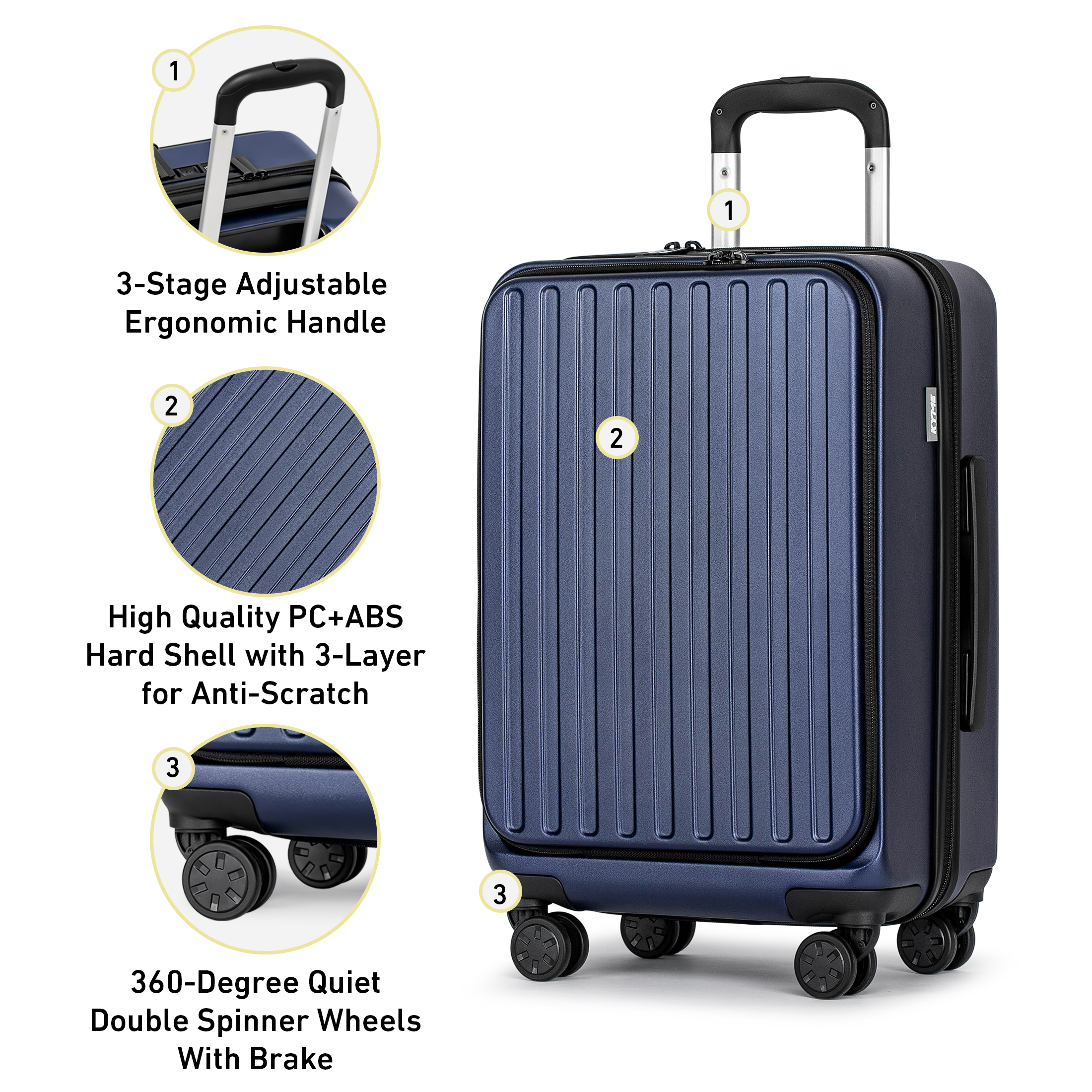 3 Piece Luggage Sets,Front Open Hard Shell 100% PC Suitcase With Double Spinner Wheels & TSA Lock