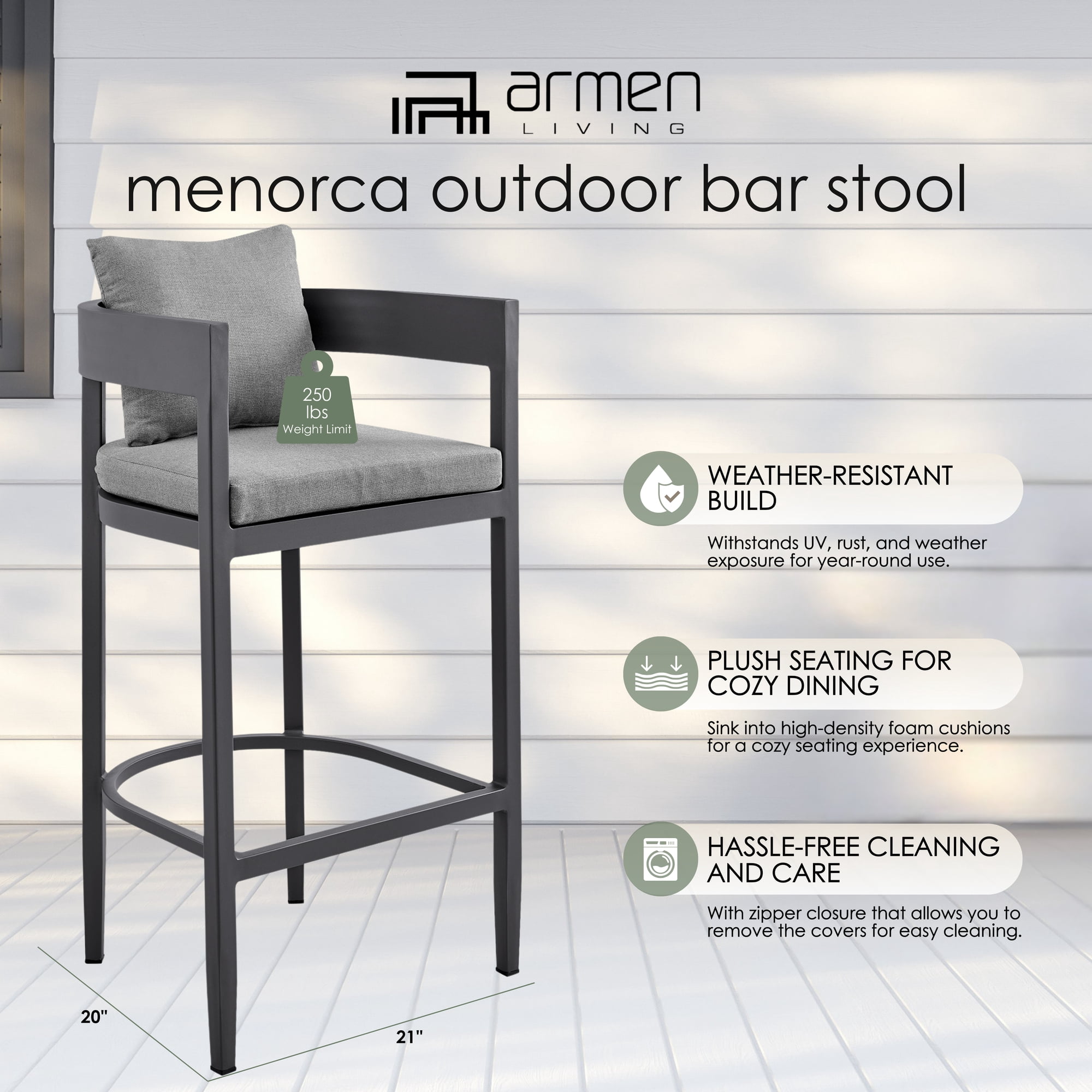 Menorca Outdoor Patio Counter Height Bar Stool in Aluminum with Gray Cushions - Set of 4