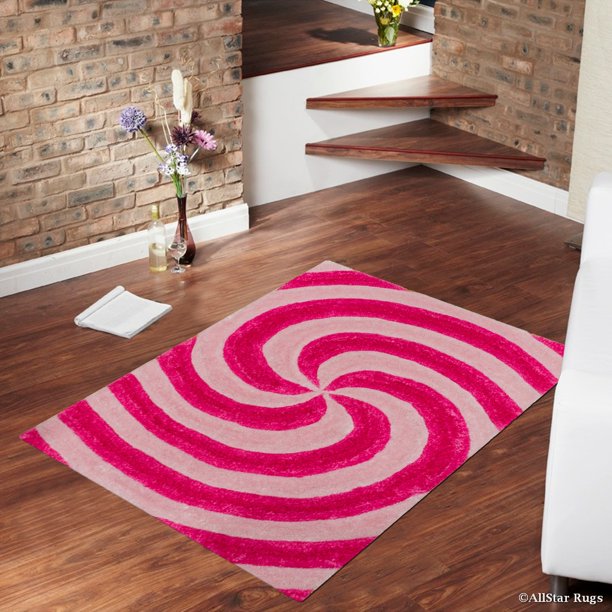Allstar Pink Shaggy Area Rug with 3D Light Pink Spiral Design