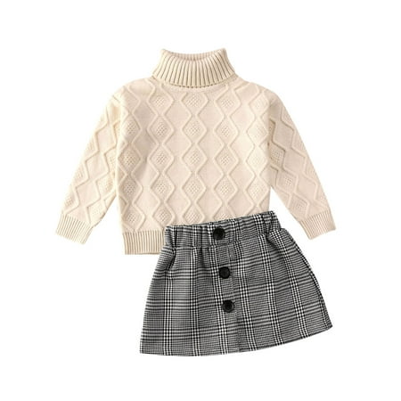 

2PCs Toddler Girl Clothes Set Long-Sleeved Shirt Top Knitted Turtleneck Sweater T-Shirt Plaid Button Short Skirt Party Multi-Layer Plaid Skirt