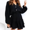 thumbnail image 2 of qolati Women's Mini Dresses 2023 Fall Lantern Sleeve V Neck Button Up A-Line Dress Fashion Layered Ruffle Hem High Waist Party Holiday Dress, 2 of 4