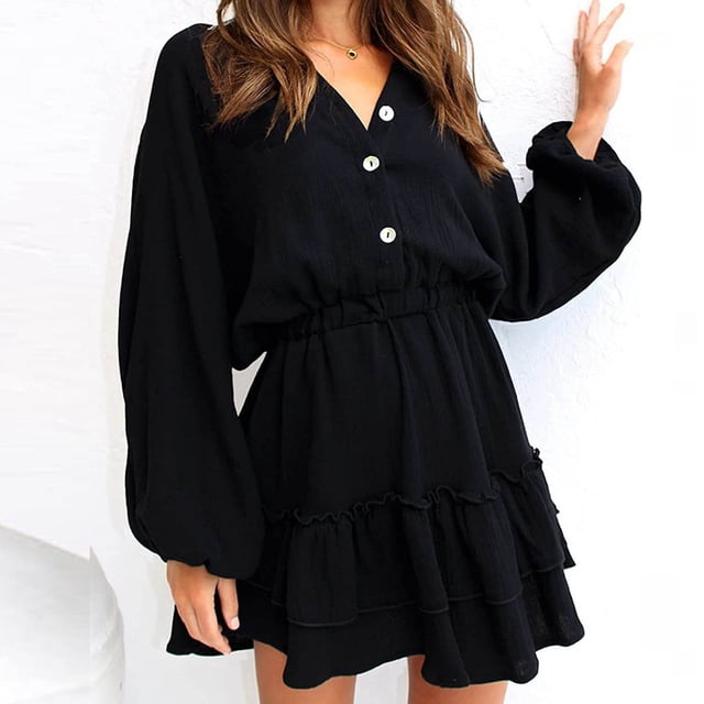 Fankiway Clearance Long Sleeve Dresses Women'S Long Sleeved Lantern Sleeve V-Neck Button Ruffle Layered Color Mini Dress Womens Dresses Plus Size Clearance
