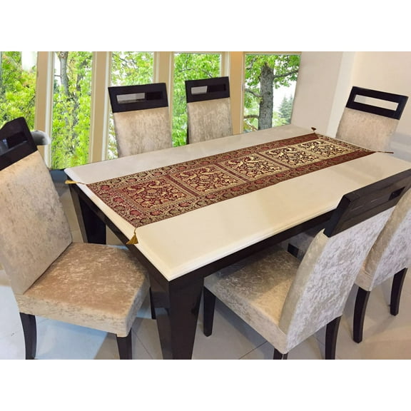 Stylo Culture Brocade Jacquard Dining Table Runner Maroon Rectangular Bohemian Indian Home Decor Elephant Peacock Floral Ethnic Coffee Table Cloth | 60x16 Inches ( 152 x 40 cm)