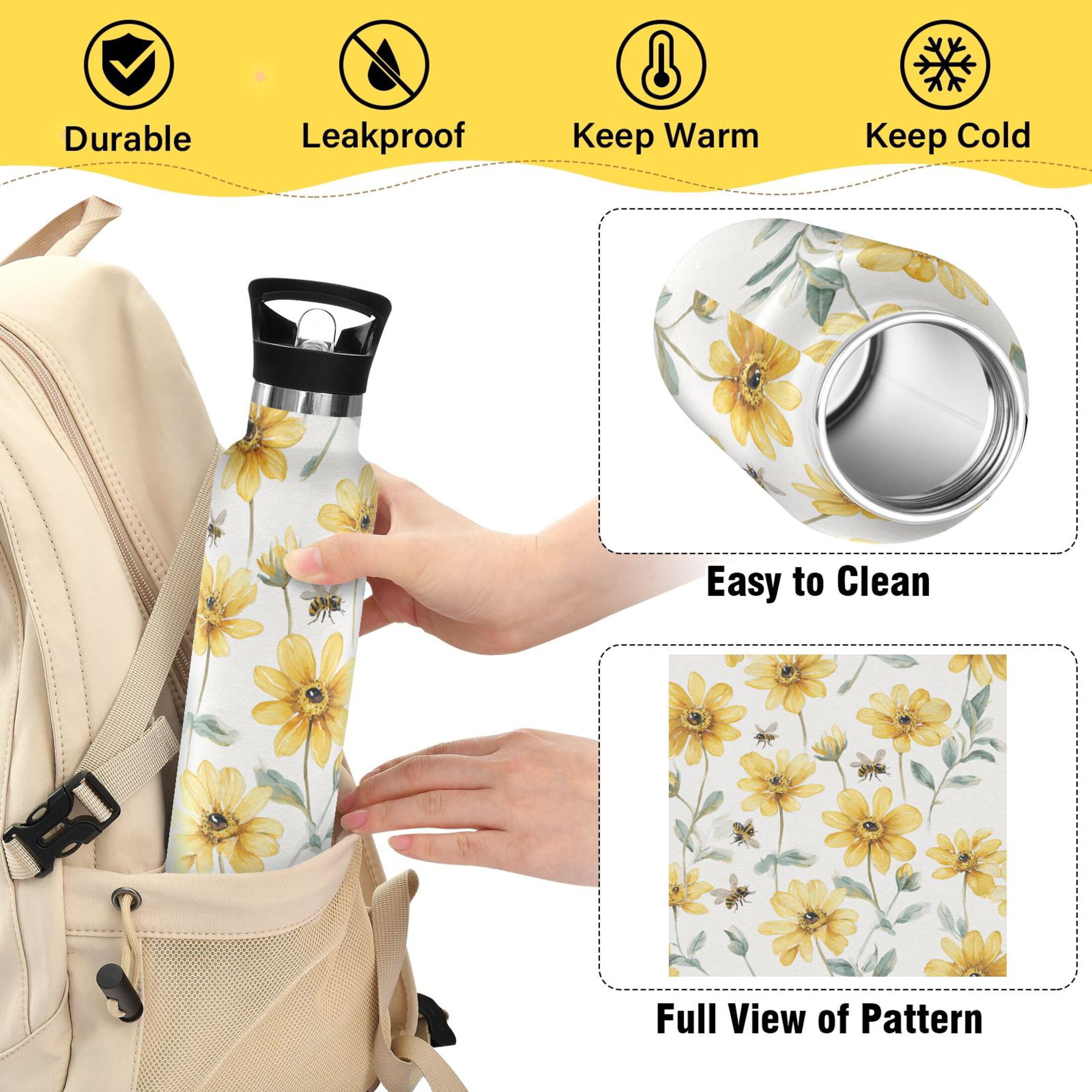 Kids Insulated Stainless Steel Sports Water Bottle 600ml (20oz) Yellow Daisies and Bees