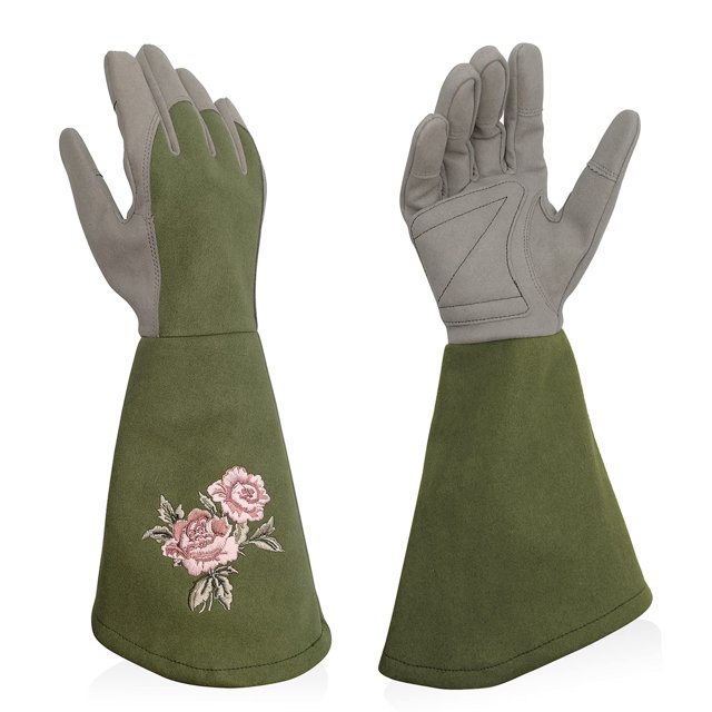 Guantes de jardinería para mujer, guantes de cuero sintético para arbustos con protección total contra espinas, guantes de trabajo largos con resistencia a perforaciones, talla M