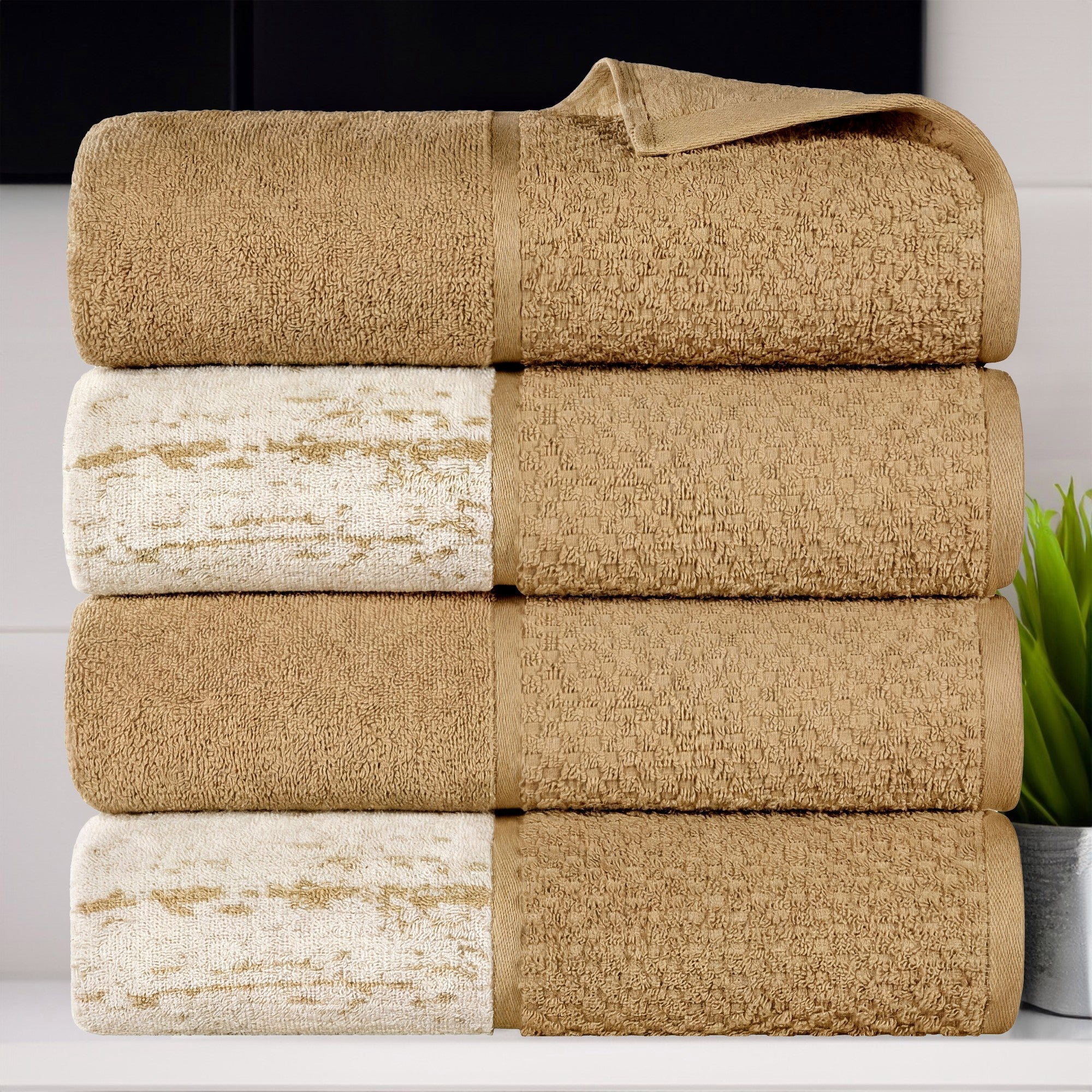 Superior Modern Cotton 4 Piece Bath Towel Set Shower Mixed Pattern, Bronze
