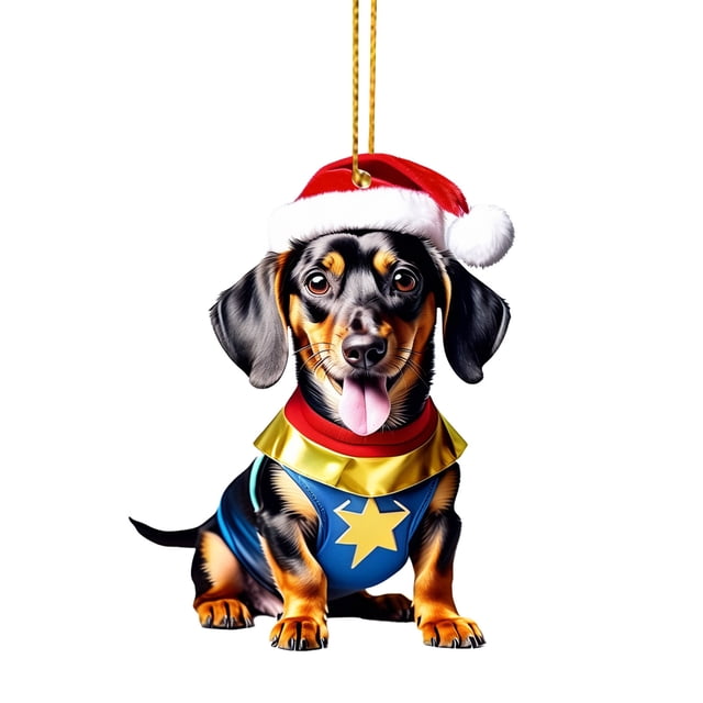 1 colgante de acrílico plano para decoración de árbol de Navidad con forma de perro salchicha y gorro navideño.