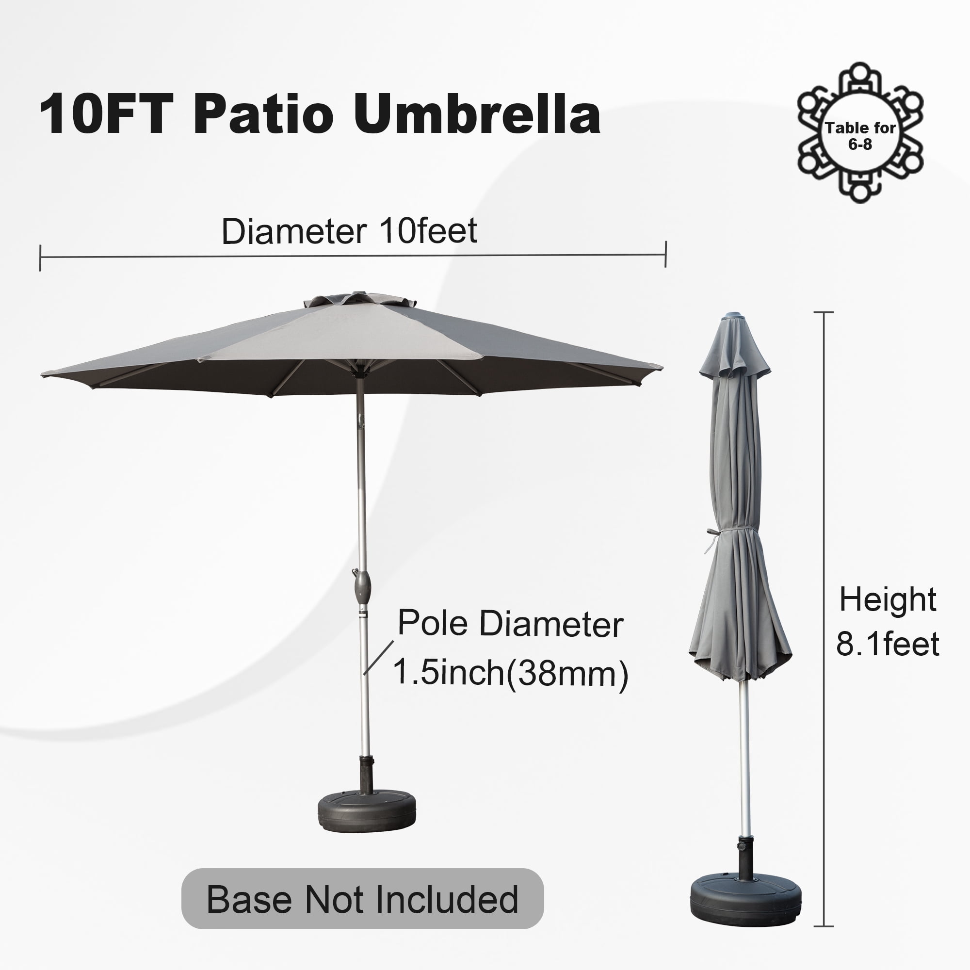 Domi 10FT Patio Umbrella, Outdoor Table Umbrella with Push Button Tilt and Crank, UV Protection Waterproof Market Sun Umbrella with 8 Sturdy Ribs for Garden, Deck, Backyard, Pool,(Gray)