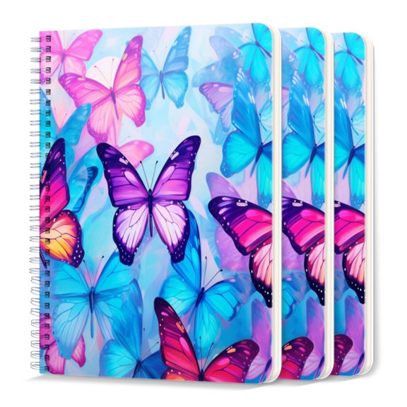 Spiral Journal Notebook,50 Sheets A5 College Ruled Notebook/Journal 3 Pcs for School Office Home - Colorful Background With Vibrant Butterflies in Pink