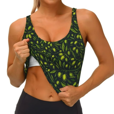 Qokaie Green Branch Olive Pattern Womens Scoop Neck Sports Bra Breathable Workout Vest Padded U Back Medium Impact Fitness Gym Yoga Bra Workout Crop Top