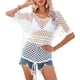 thumbnail image 1 of Mujeres Crochet Hollow Out Cover Up Top Drawstring Crew Neck manga corta de punto Bikini Cover Up, 1 of 7