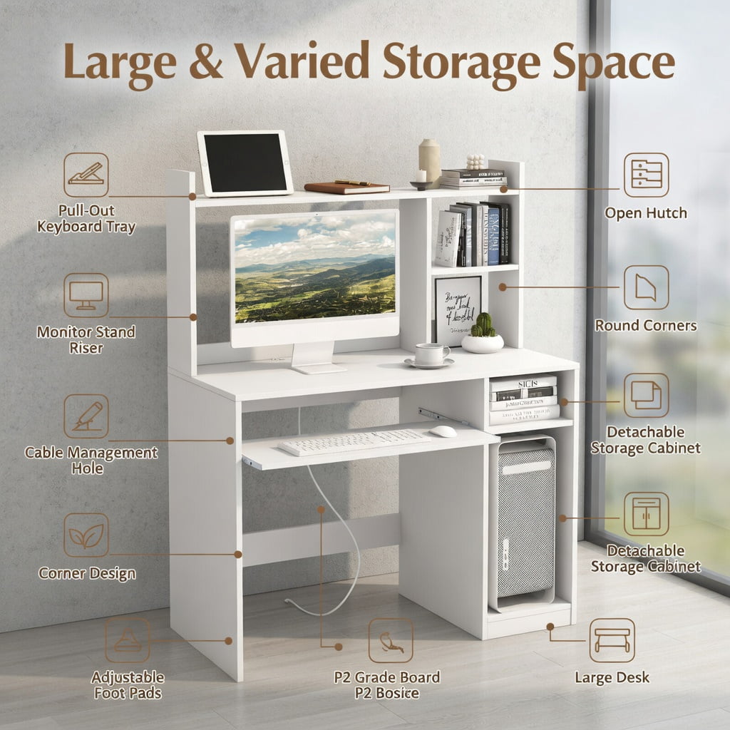 Yardi Yard Home Office Computer Desk with Bookcase Keyboard Tray and CPU Stand-White, Computer Desk, Gaming Computer Desks for Study,Working,Writing
