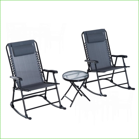 Patio Sets 3-Piece Outdoor Rocking Bistro Set with Folding Chairs & Glass Table for Yard Deck | Slate Gray