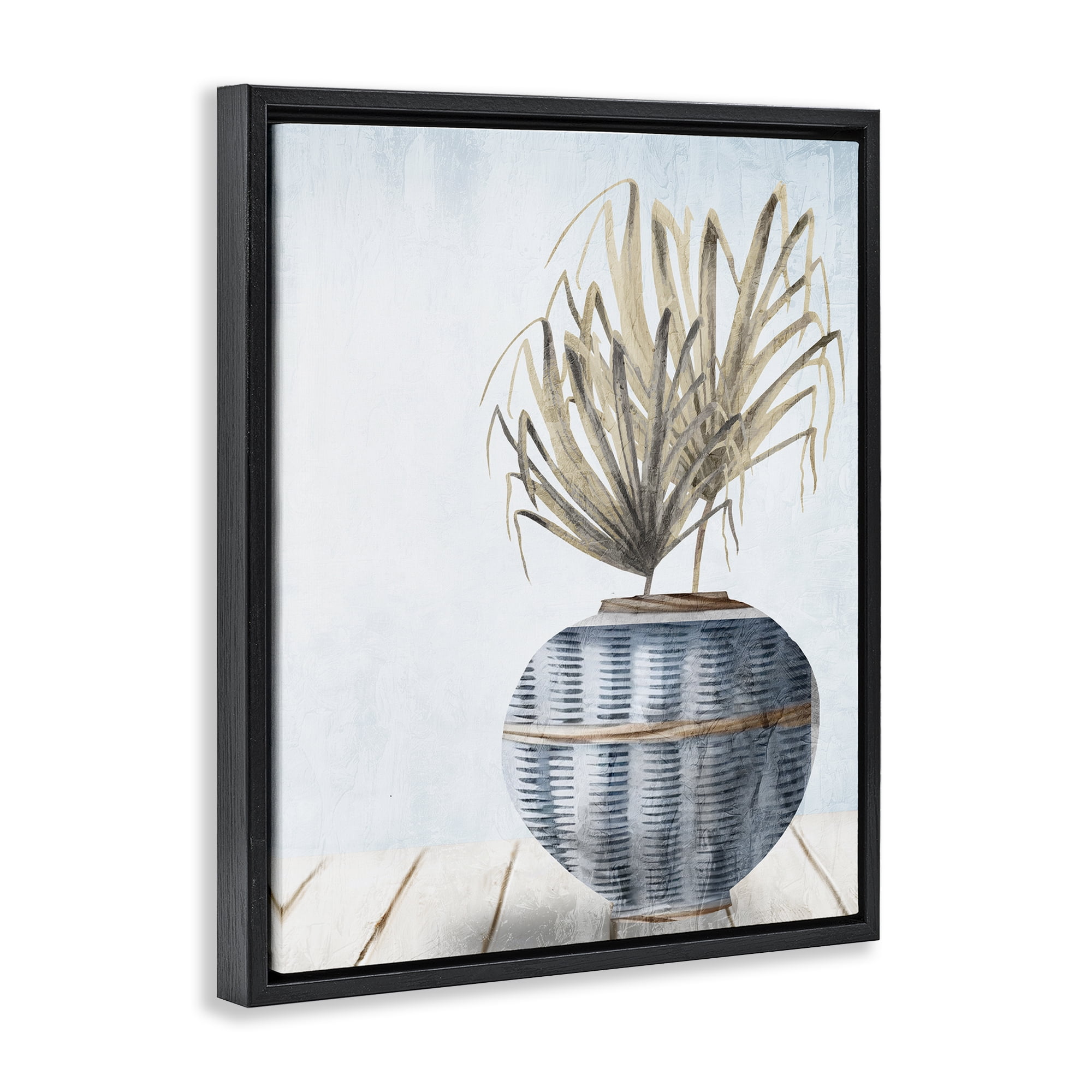 Stupell Industries Plant in Woven Vase Plants & Flowers Painting Black Floater Framed Canvas Art Print Wall Art, 17 x 21