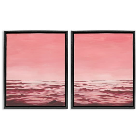 Stupell Industries Pink Calm Seascape Nautical & Beach Painting Black Floater Framed Canvas Art Print Wall Art, 17 x 21, Set of 2