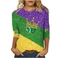 thumbnail image 2 of Womens Mardi Gras Shirts 3/4 Sleeve Tops Plus Size Mask Graphic Crew Neck Striped Tee Shirt Loose Casual Tunic Party Tops Holiday Mardi Gras Clothes 2026, 2 of 6