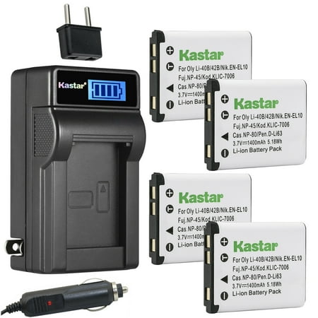 Image of Kastar 4-Pack CNP-80 Battery and LCD AC Charger Compatible with Casio NP-80 NP-82 Battery Casio BC-80L BC-81L Charger Casio Exilim QV-R100 Exilim QV-R200 Exilim QV-R300 Digital Cameras