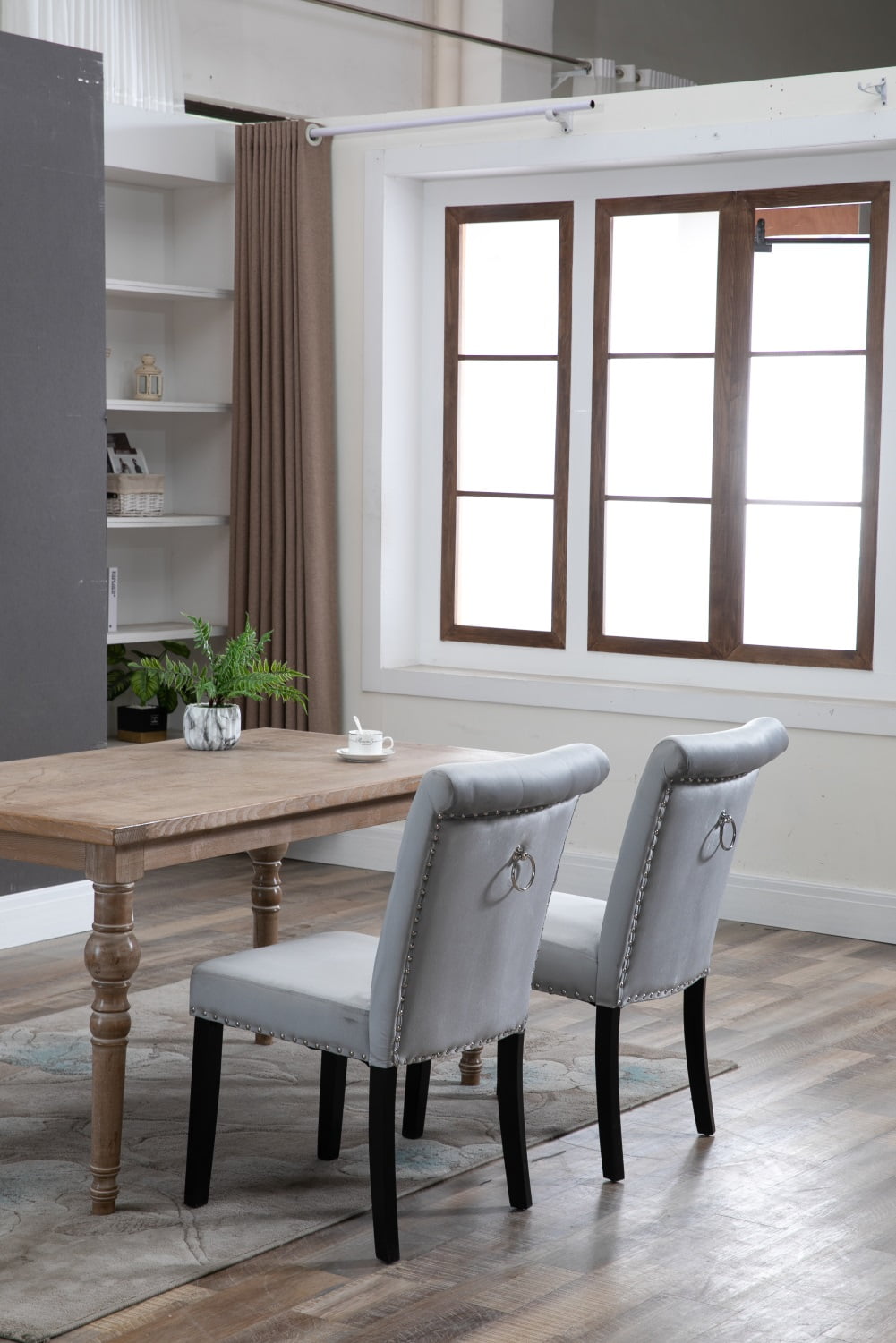 Lowestbest Velvet Fabric Home Chair, Dressing Stool Two Sets, Rubber Wood Legs Cushion Raw Cotton, Silver Gray