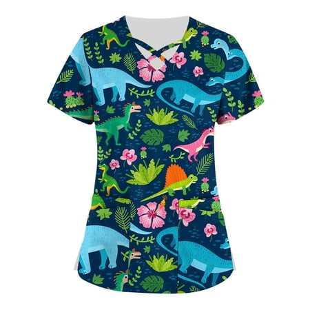 

Fopp Seller Plus Size Cute Printed Scrub Working Uniform Tops For Women Cross V-Neck Short Sleeve Fun T-Shirts Workwear Tee With Pockets Green XXXXXL