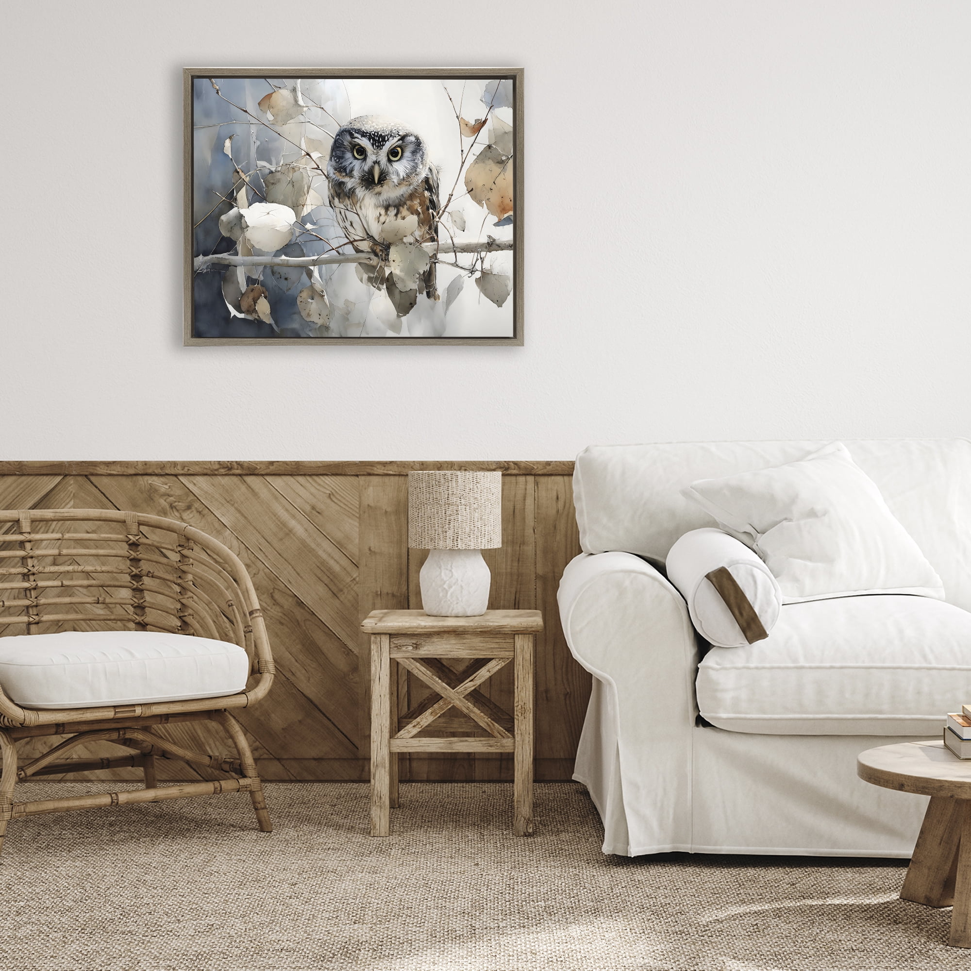 Stupell Industries Hoot Owl on Autumn Branch Brown Framed Floater Canvas Wall Art, design by Franklyn Gregory