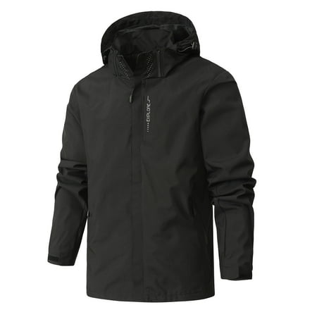 BYCMX Men Raincoat Deals Hoodies Winter Coats Man Solid Color Water Resistance Drawstring Pockets Hooded Outdoor Jacket Coat Black L-5XL