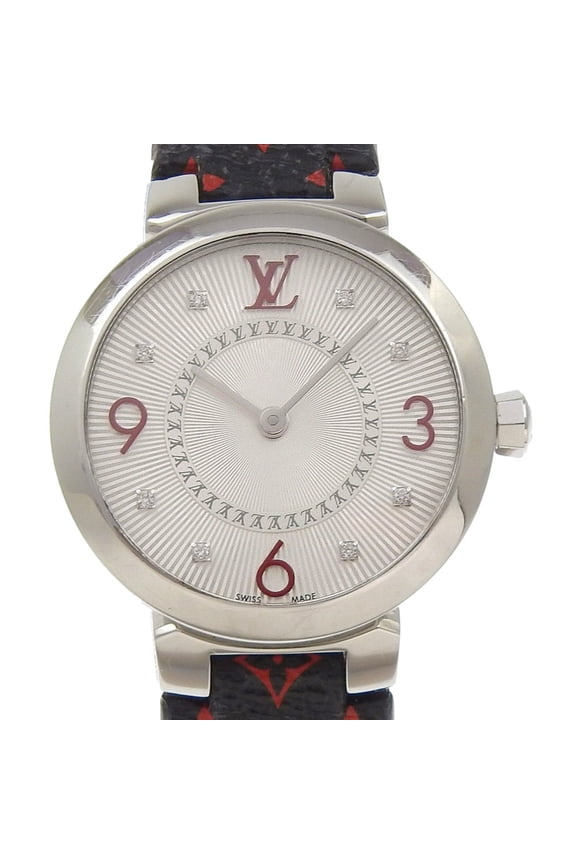 Pre-Owned Louis Vuitton Tambour Slim Watch, 8 Diamonds, Q12MGA, Stainless Steel and... (Good)