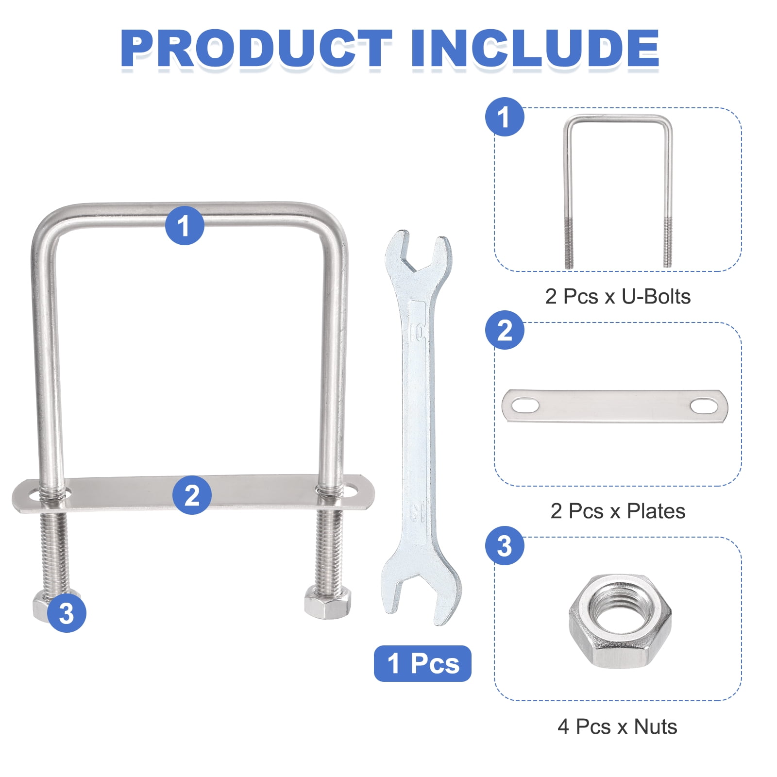 Uxcell 2 Sets M10 Square U-Bolts, 3.58" Inner Width 5.91" Length 304 Stainless Steel U Clamp Bolts with Nuts, Plates and Wrench