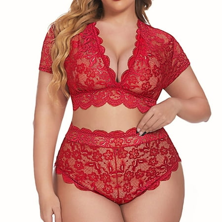 

nsendm Plus Size Lingerie Set for Women Halter Choker Strappy Bra and Panty 2 Piece Lace Twin Sheets Set with Lace Underwear Red XX-Large