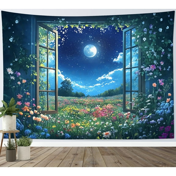HVEST Floral and Fantasy Night Sky Tapestry Wall Hanging Wildflower Plant and Moon Wall Tapestry for Bedroom Nature Landscape Tapestry for Living Room College Dorm Home Decor,60x40 inch