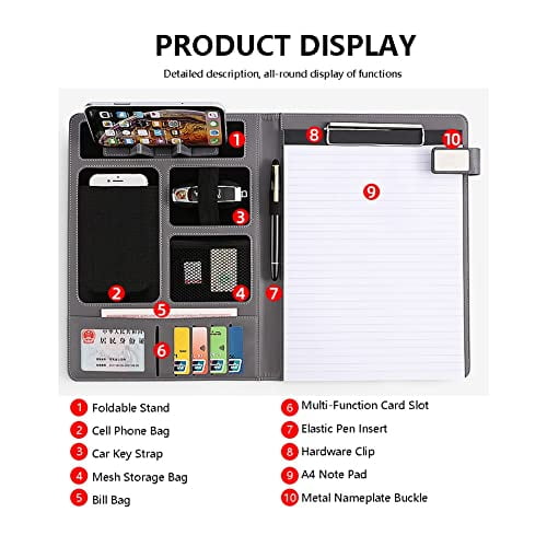 Padfolio Clipboard Folder Portfolio A4 Leather Resume Portfolio Interview Legal Document Organizer Business School Office Conference Notepad Writing Pad ( Color : Dark grey , Size