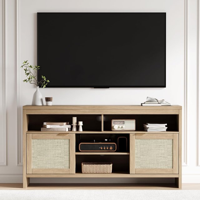 59" Rattan TV Stand with Storage Shelf, Entertainment Center for 45-65" TV