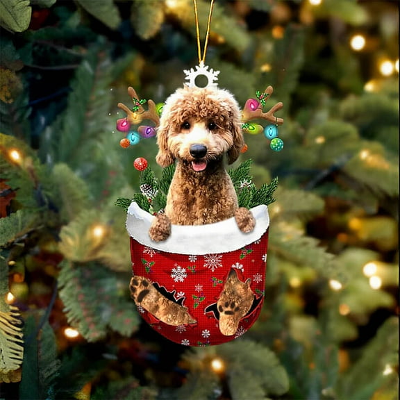 Acrylic 2D FLAT Goldendoodle In Snow Pocket Christmas Ornament 1