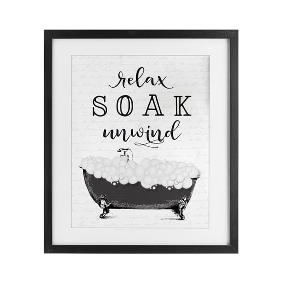 Soak Unwind Bubble Bath Black Framed Print Under Glass, design by Lettered and Lined